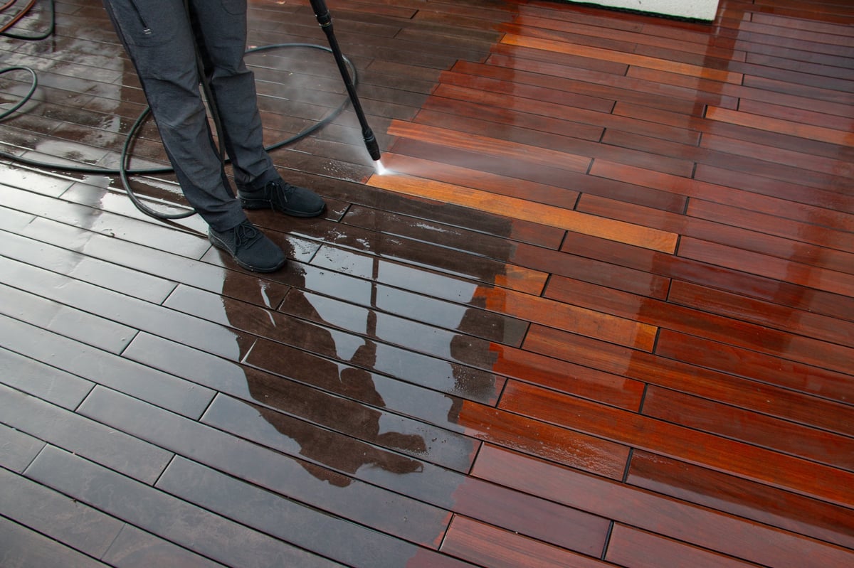 Professional terrace cleaning with power washer